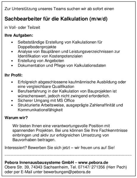 Stellenanzeige Kalkulation