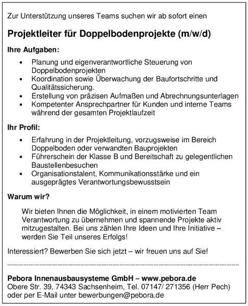 Stellenanzeige Projektleiter